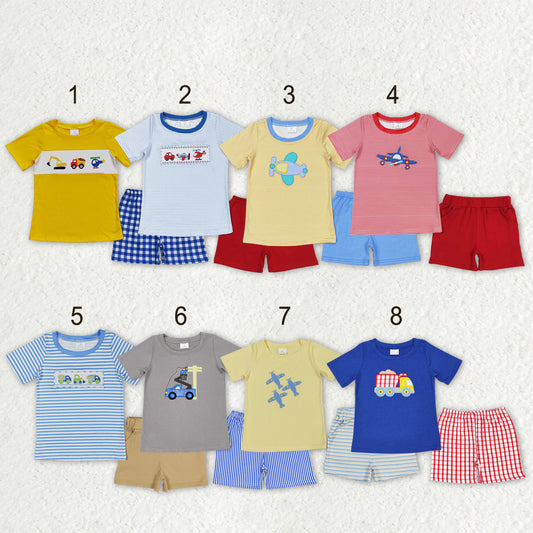 Sibling Baby Boys Embroidery Cars Planes Top Pockets Short Clothes Sets