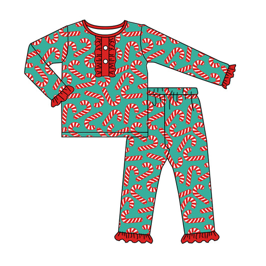 Baby Girls Christmas Candy Cane Top Ruffle Pants Pajamas Clothes Sets Preorder(moq 5)