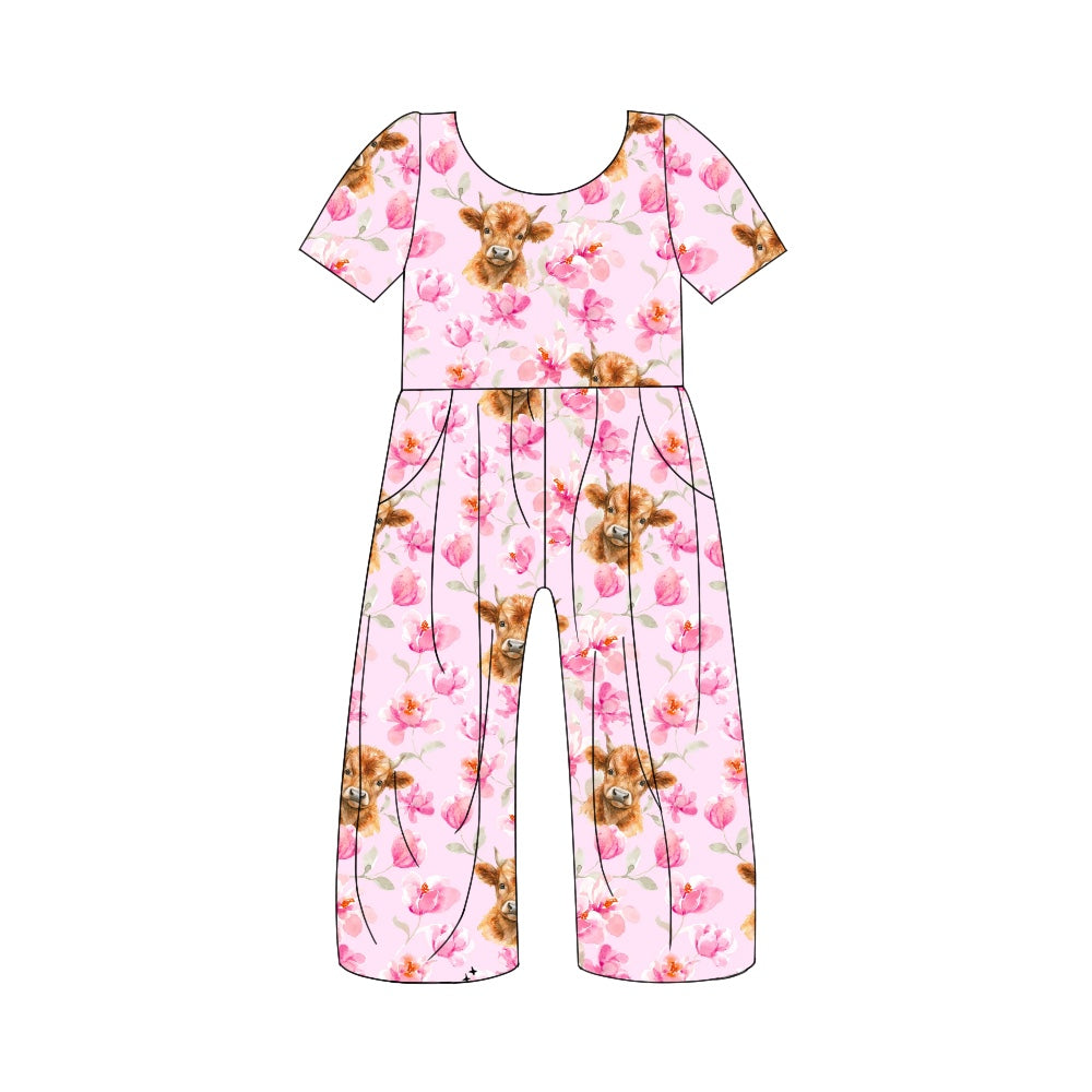 Baby Girls Highland Cows Pink Flowers Short Sleeve Pants Jumpsuits Preorder(moq 5)