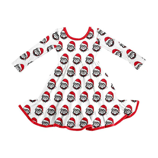 Preorder (moq 5)Baby Girls Bulldogs Team Christmas Ruffle Knee Length Dresses