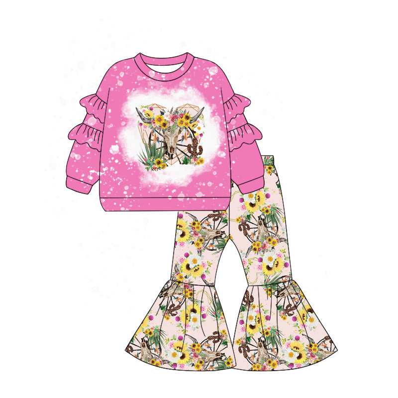 Baby Girls Western Cow Flower Tee Shirt Bell Pants Clothes Sets preorder(MOQ 5)