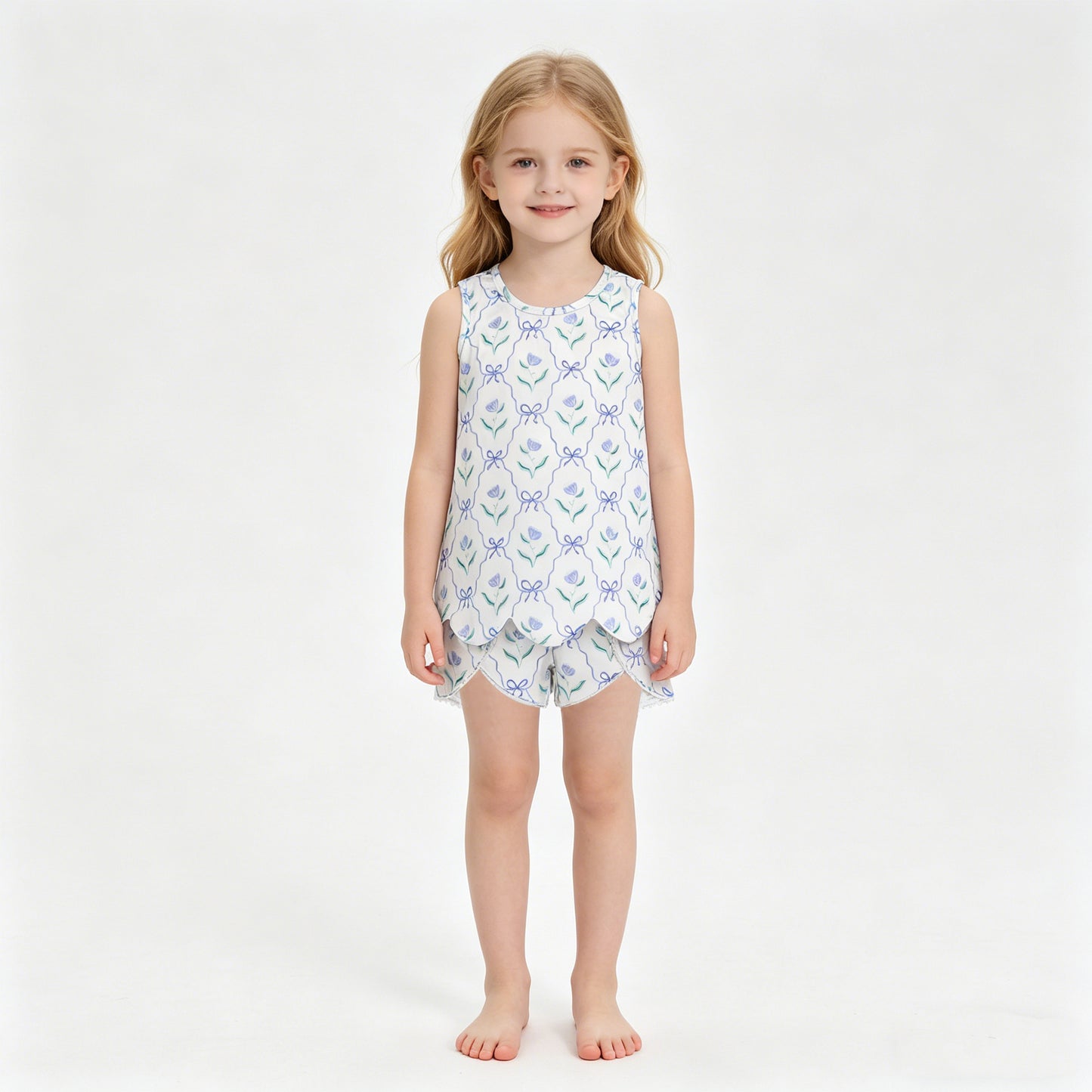 Baby Girls Blue Bow Flowers Checked Scallop Tunic Shorts Clothes Set