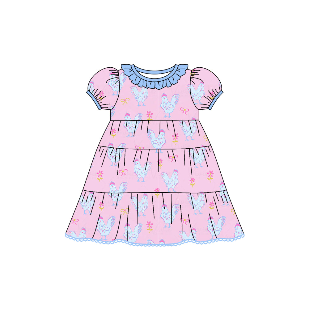 Preorder (moq 5)Baby Girls Pink Short Ruffle Sleeves Chick Flowers Plaid Knee Length Dresses