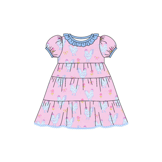 Preorder (moq 5)Baby Girls Pink Short Ruffle Sleeves Chick Flowers Plaid Knee Length Dresses