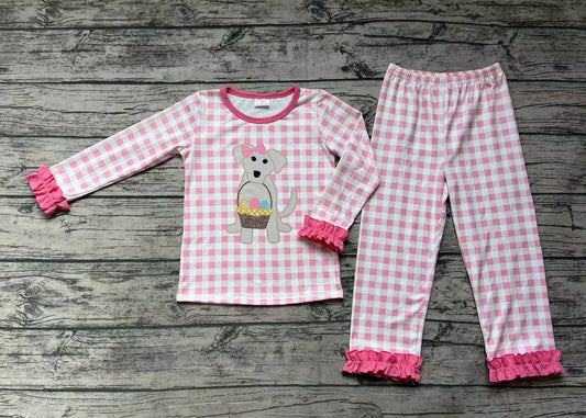 Baby Girls Pink Checkered Dog Easter Eggs Top Pants Pajamas Clothes Sets