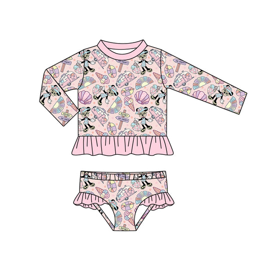 Baby Girls Cartoon Mouse Pink Long Sleeve Top Bummie 2pcs Swimsuits preorder(moq 5)