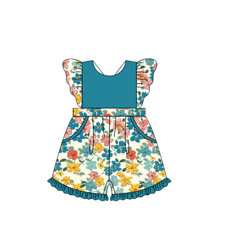 Preorder (moq 5)Baby Girls Dark Green Flowers Spring Flutter Sleeve Jumpsuits