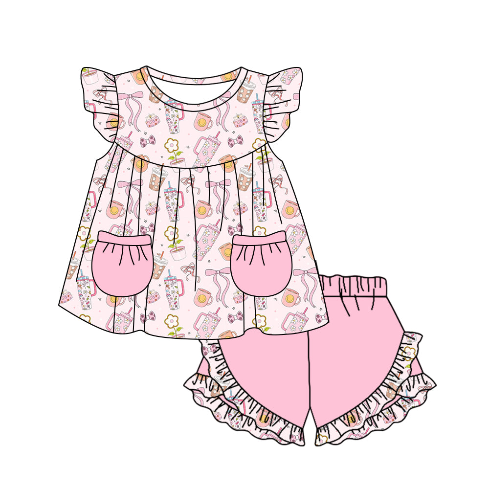 Baby Girls Pink Cups Flowers Pockets Tunic Top Ruffle Shorts Clothing Sets Preorder(moq 5)