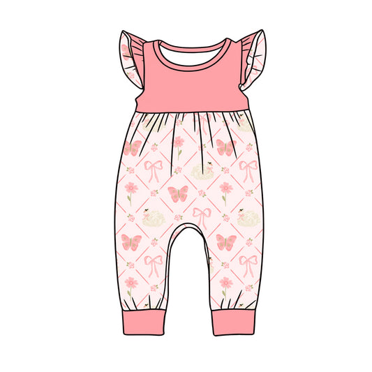 Preorder (moq 5)Baby Girls Flutter Sleeve Bows Butterfly Checked Pant Rompers