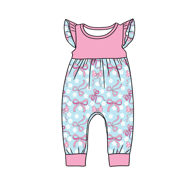 Preorder (moq 5)Baby Girls Flutter Sleeve Bows Flowers Checked Pant Rompers