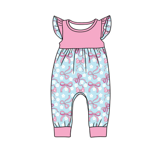 Preorder (moq 5)Baby Girls Flutter Sleeve Bows Flowers Checked Pant Rompers