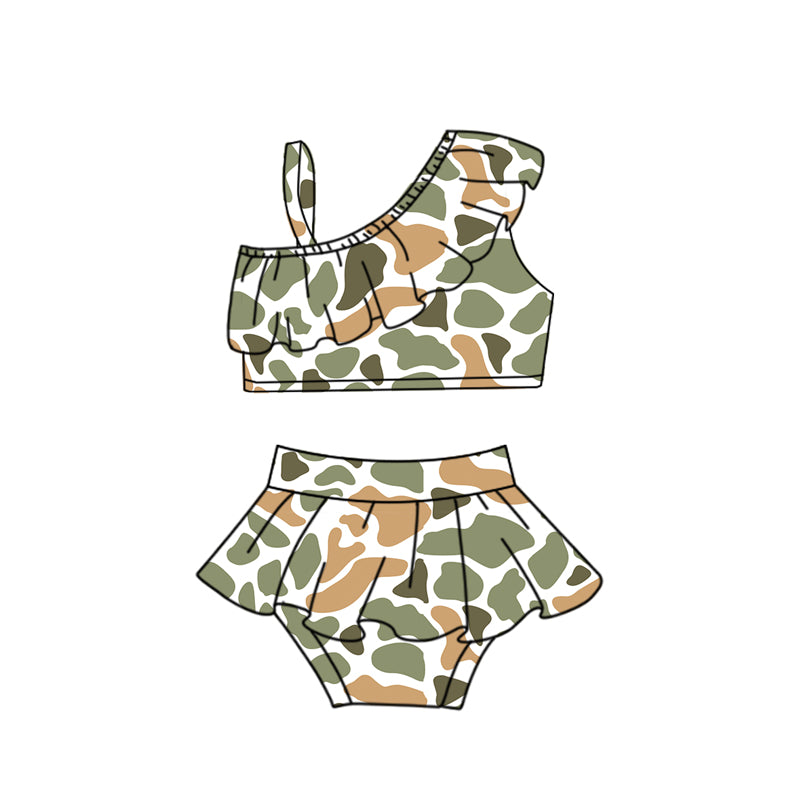 Preorder (moq 5)Baby Girls One Shoulder Southern Orange Camo Vests Tunic Bummies Swimsuits