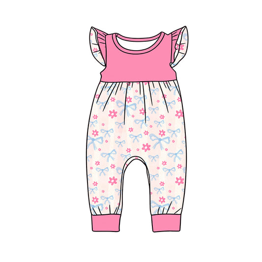 Preorder (moq 5)Baby Girls Flutter Sleeve Bows Flowers Checked Pant Rompers