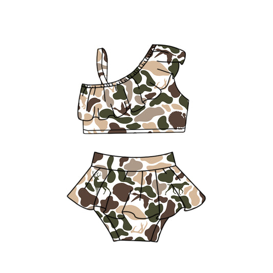 Preorder (moq 5)Baby Girls One Shoulder Dog Ducks Deer Camo Hunting Vests Tunic Bummies Swimsuits