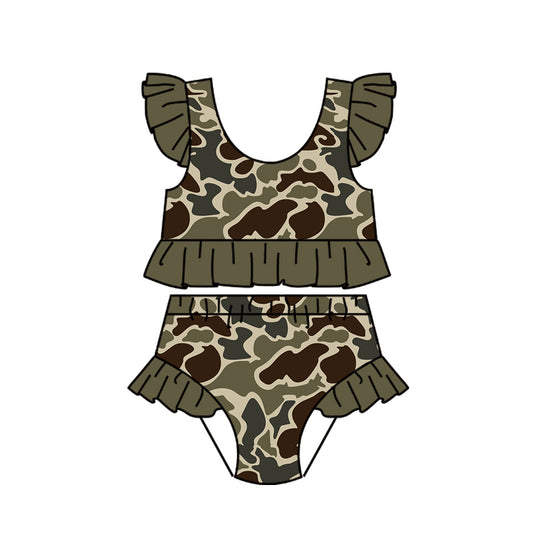 Preorder (moq 5)Baby Girls Southern Dark Khaki Camo Vests Bummies Swimsuits