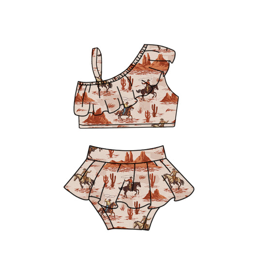 Preorder (moq 5)Baby Girls One Shoulder Western Horse Rodeos Cactus Vests Tunic Bummies Swimsuits