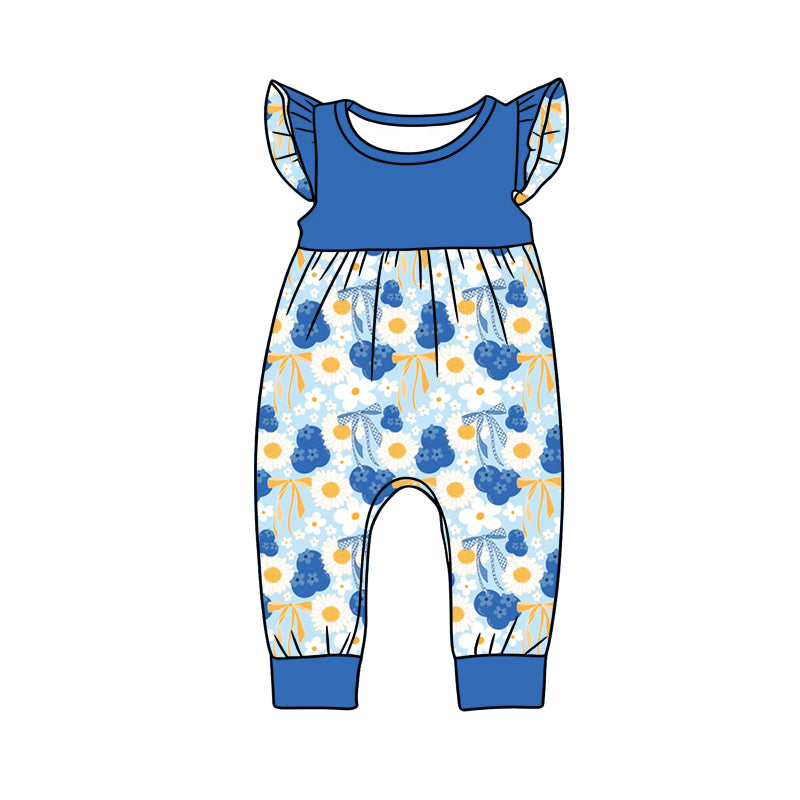 Preorder (moq 5)Baby Girls Blue Flutter Sleeve Daisy Flowers Blueberry Pant Rompers