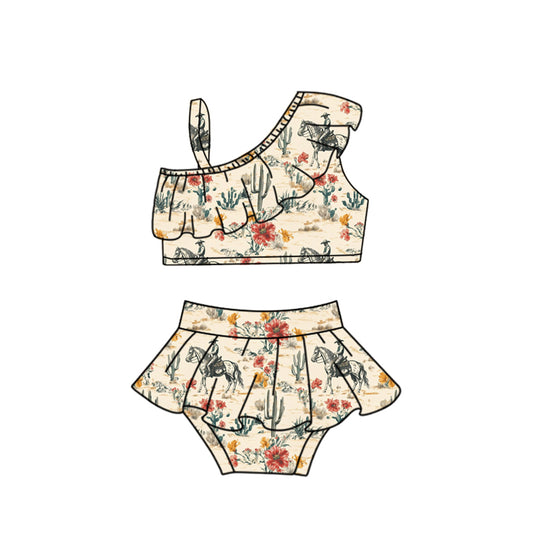 Preorder (moq 5)Baby Girls One Shoulder Western Horse Rodeos Flowers Vests Tunic Bummies Swimsuits