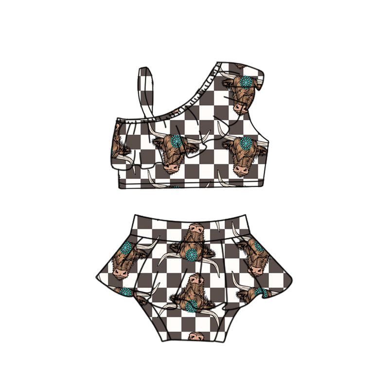 Preorder (moq 5)Baby Girls One Shoulder Western Turquoise Cows Vests Tunic Bummies Swimsuits
