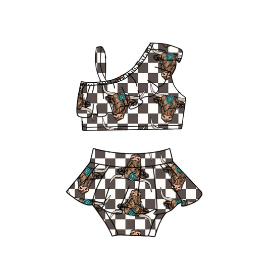 Preorder (moq 5)Baby Girls One Shoulder Western Turquoise Cows Vests Tunic Bummies Swimsuits