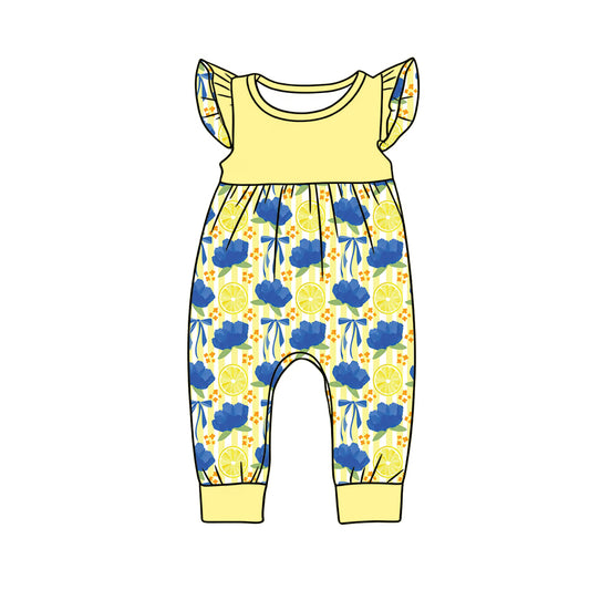 Preorder (moq 5)Baby Girls Yellow Flutter Sleeve Flowers Lemons Pant Rompers