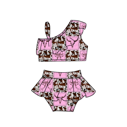 Preorder (moq 5)Baby Girls One Shoulder Western Pink Bows Cows Vests Tunic Bummies Swimsuits
