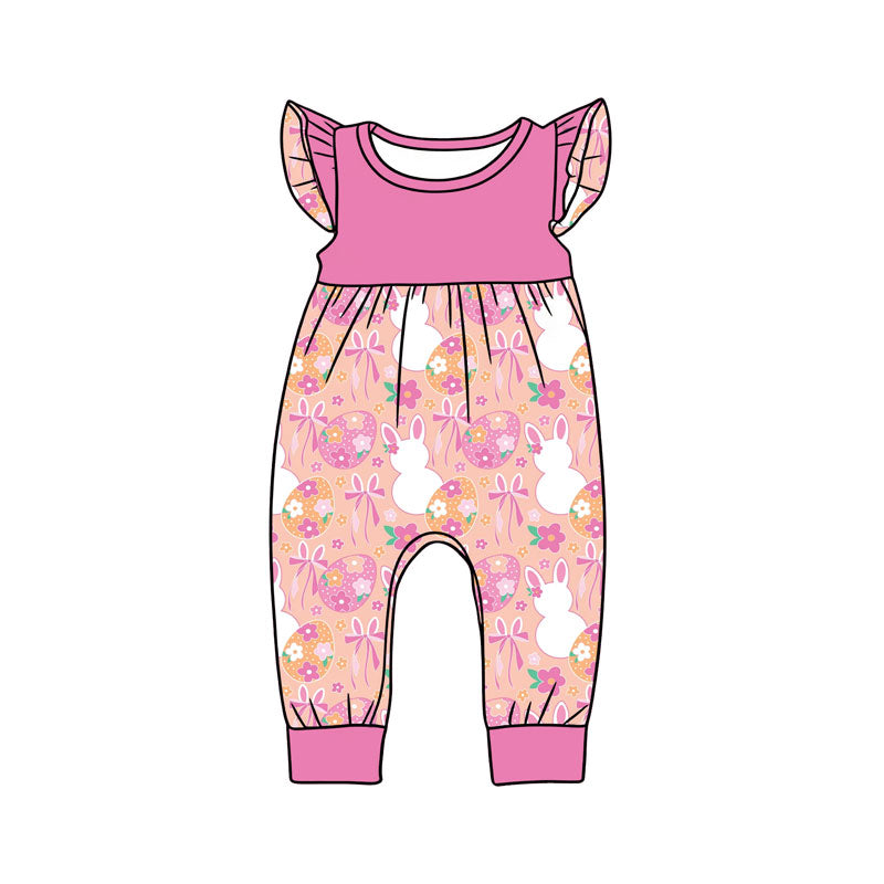 Preorder (moq 5)Baby Girls Flutter Sleeve Flowers Rabbits Easter Pant Rompers