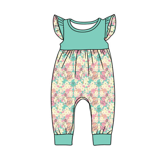 Preorder (moq 5)Baby Girls Flutter Sleeve Flowers Rabbits Easter Pant Rompers