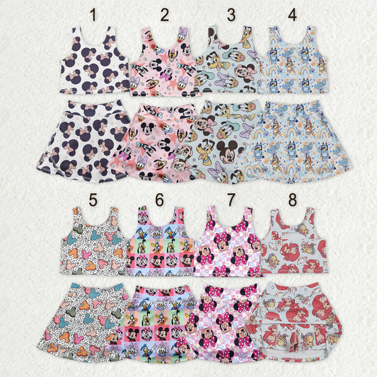 Sibling Baby Girls Cartoon Vest Top Skirt Shorts Yoga Activity Wear Clothes Sets