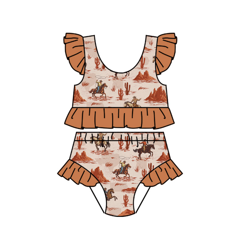 Preorder (moq 5)Baby Girls Horse Rodeos Cactus Vests Bummies Western Swimsuits