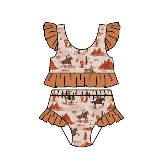 Preorder (moq 5)Baby Girls Horse Rodeos Cactus Vests Bummies Western Swimsuits