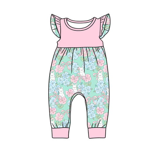Preorder (moq 5)Baby Girls Flutter Sleeve Flowers Rabbits Easter Pant Rompers