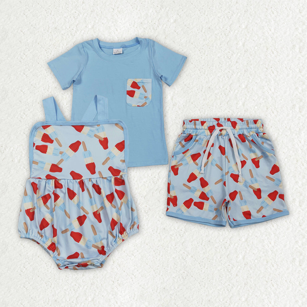 Sibling Baby Boys Popsicle Shirt Top Pockets Short 4th of July Clothes Set Strap Rompers
