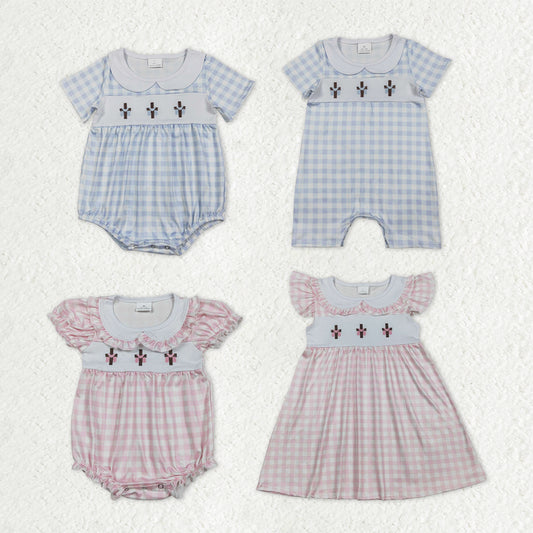 Sibling Baby Kids Embroidery Crosses Easter Checked Collar Knee Length Dress Rompers