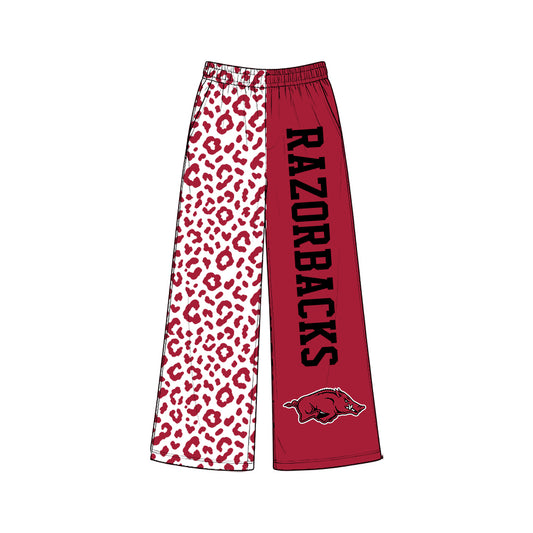 Preorder (moq5) Baby Girls Red Leopard Arkansas Team Pockets Flare Pants Bottom