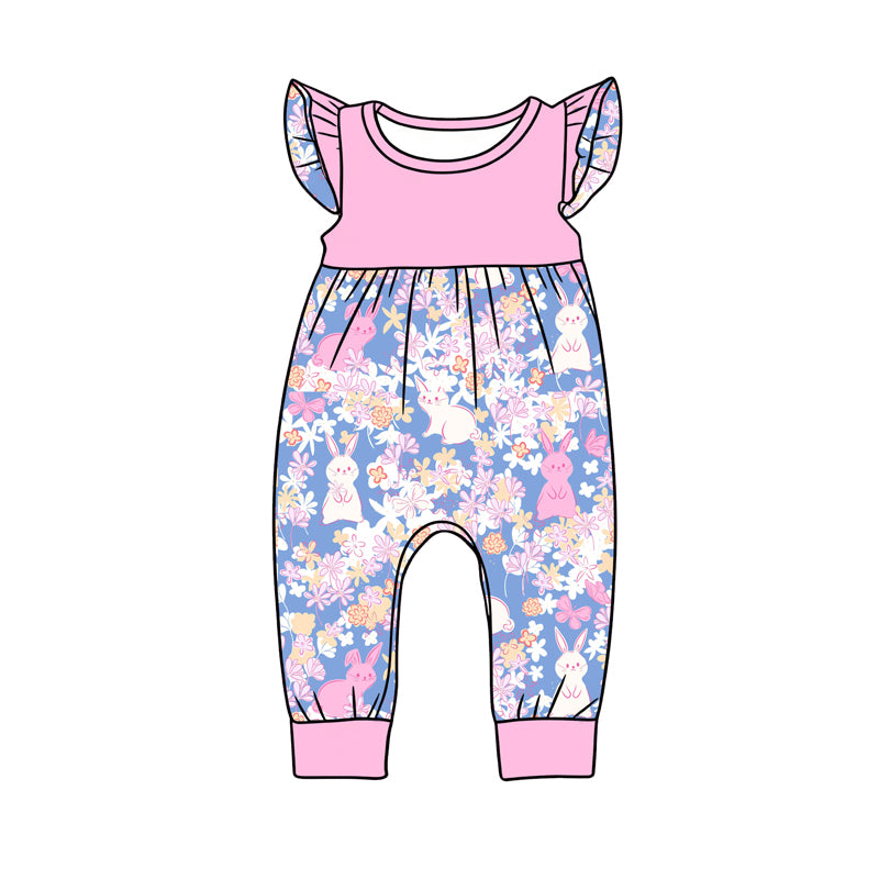 Preorder (moq 5)Baby Girls Flutter Sleeve Flowers Rabbits Easter Pant Rompers