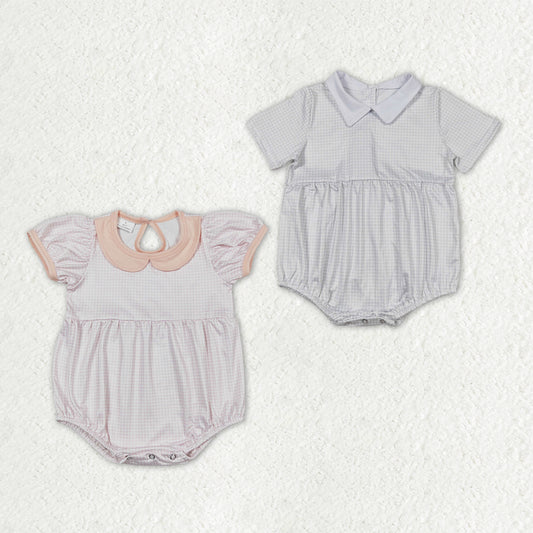 Sibling Baby Boys Girls Pink White Checked Rompers