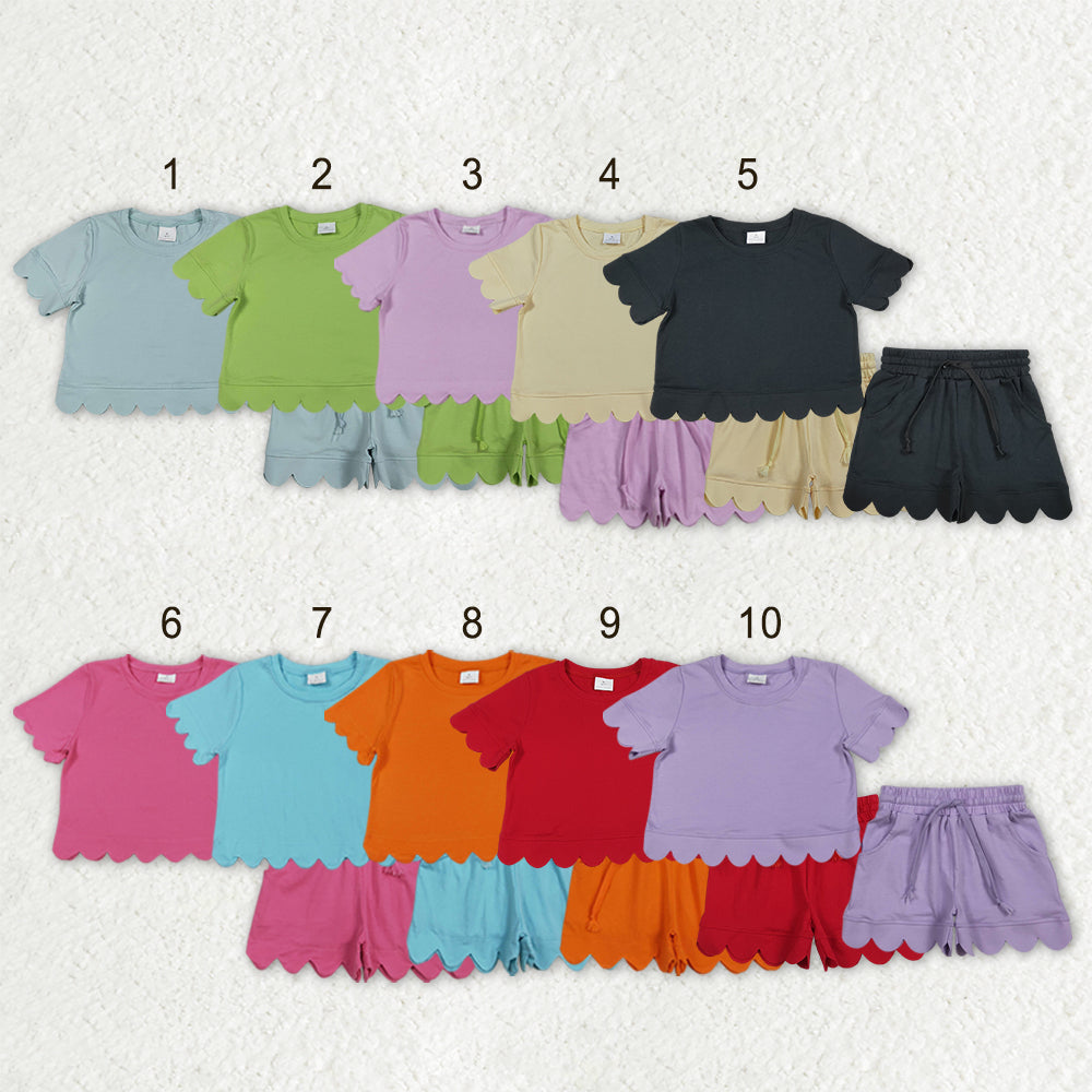 Sibling Baby Girls Short Sleeve Top Pockets Shorts Scallop Cotton Clothes Sets