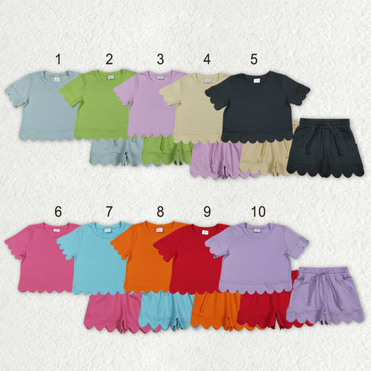 Sibling Baby Girls Short Sleeve Top Pockets Shorts Scallop Cotton Clothes Sets