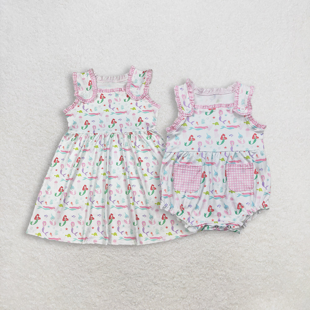 Sibling Baby Girls Sleeveless Mermaid Fishes Knee Length Dress Rompers