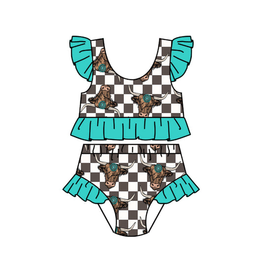 Preorder (moq 5)Baby Girls Highland Cows Turquoises Vests Bummies Western Swimsuits
