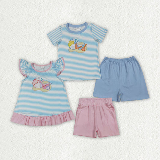Sibling Baby Boys Girls Embroidery Beach Stripe Top Short Clothes Sets