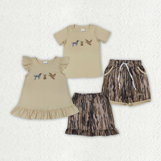 Sibling Baby Boys Girls Dog Ducks Deer Top Olive Camo Short Hunting Clothes Sets