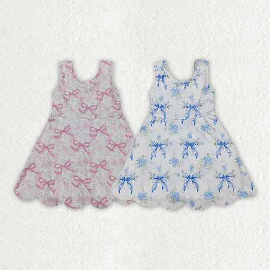 Sibling Baby Girls Flowers Bows Yoga Active Short Scallop Knee Length Dresses