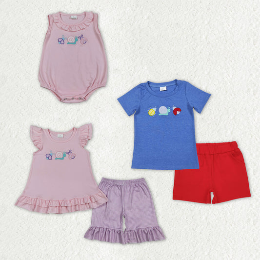 Sibling Baby Kids Embroidery Snails Ladybirds Top Shorts Clothes Set Ruffle Rompers
