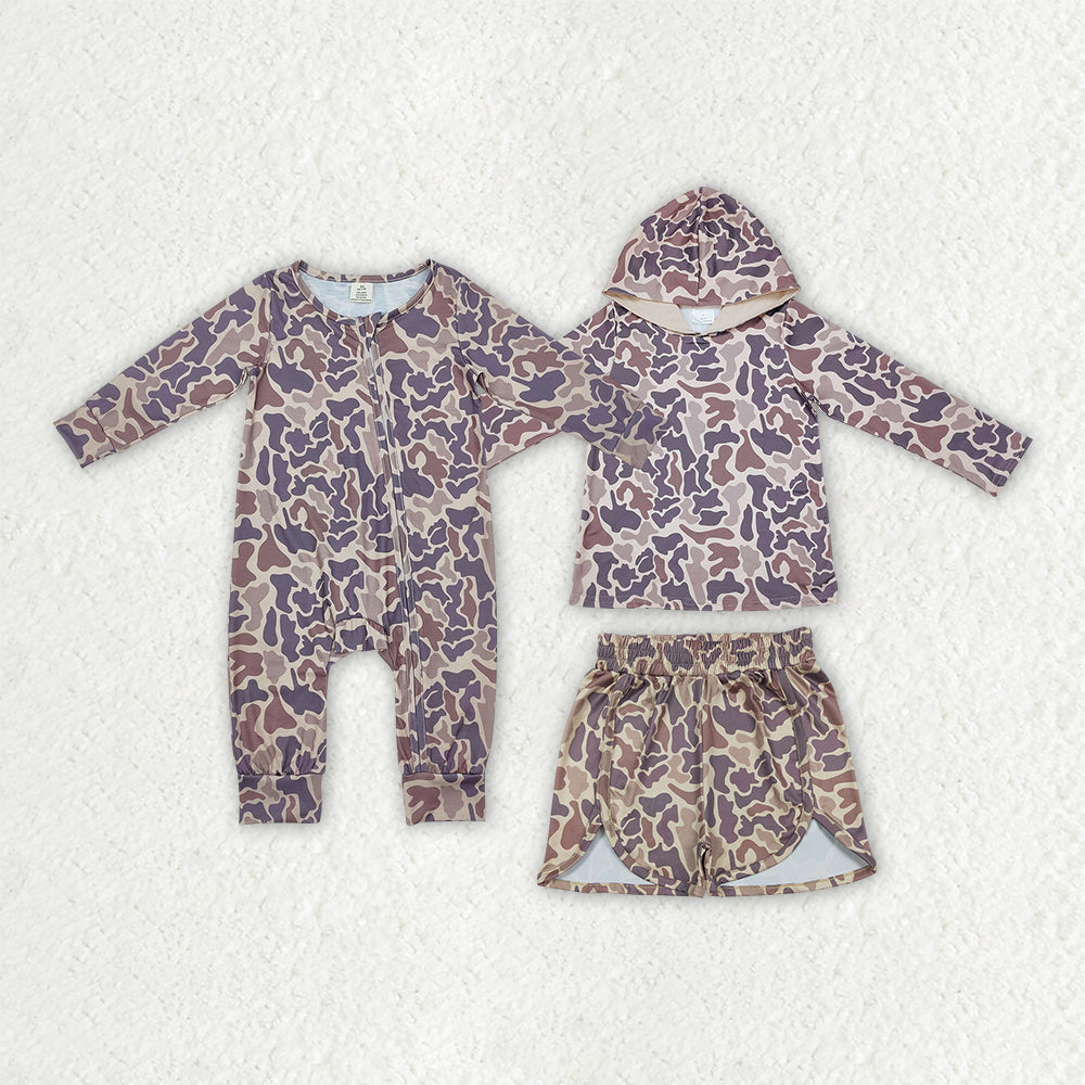 Sibling Baby Boys Girls Southern Khaki Camo Zip Rompers Hoodie Short Sets