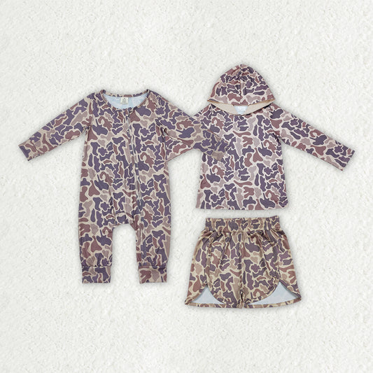 Sibling Baby Boys Girls Southern Khaki Camo Zip Rompers Hoodie Short Sets