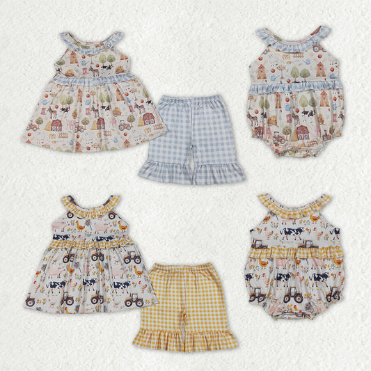 Sibling Baby Girls Sleeveless Pigs Cows Tunic Ruffle Short Farm Clothes Set Rompers