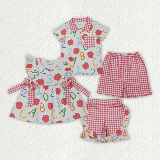 Sibling Baby Boys Girls ABC Apples Polo Tunic Checked Short Back to School Clothes Sets