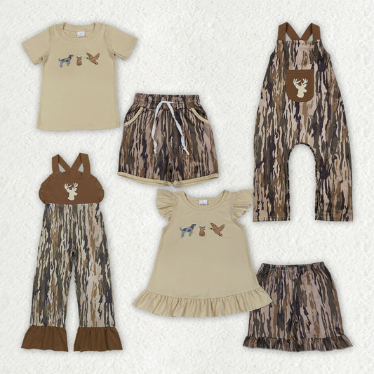 Sibling Baby Kids Embroidery Deer Dog Ducks Top Shorts Hunting Clothes Set Strap Jumpsuit Rompers